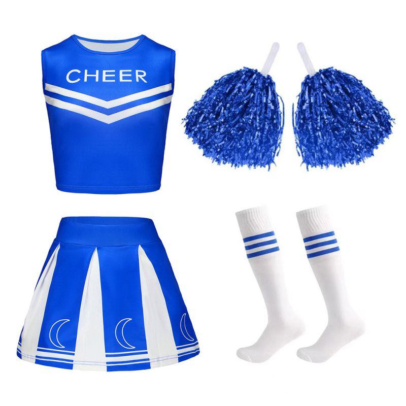 4-12 Years Kids Girls Cheerleader Costume Set Sleeveless Top Skirt Pompoms and Socks