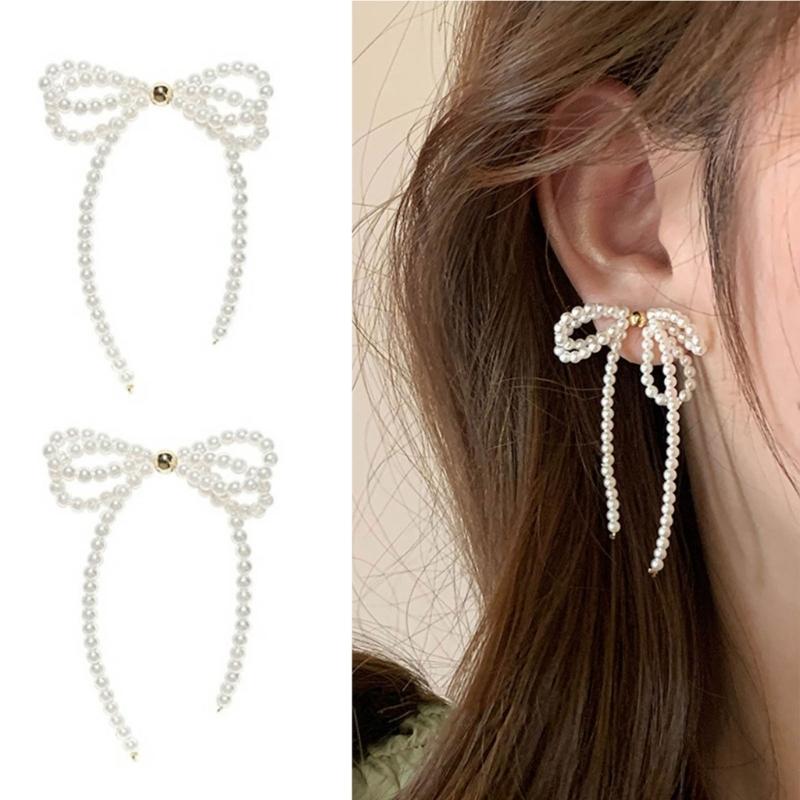 1 Pair Exaggerated All-Matched Earings Pearls Bowknot Ear Jewelry Niche Temperament Earrings for New Year Birthday Gift