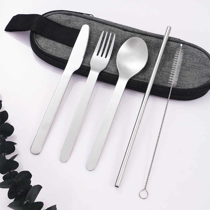 Stainless Steel Aviation Outdoor Dining Knife Spoon Fork Straw Cleaning Brush Western Food Tableware Set Tableware Gift