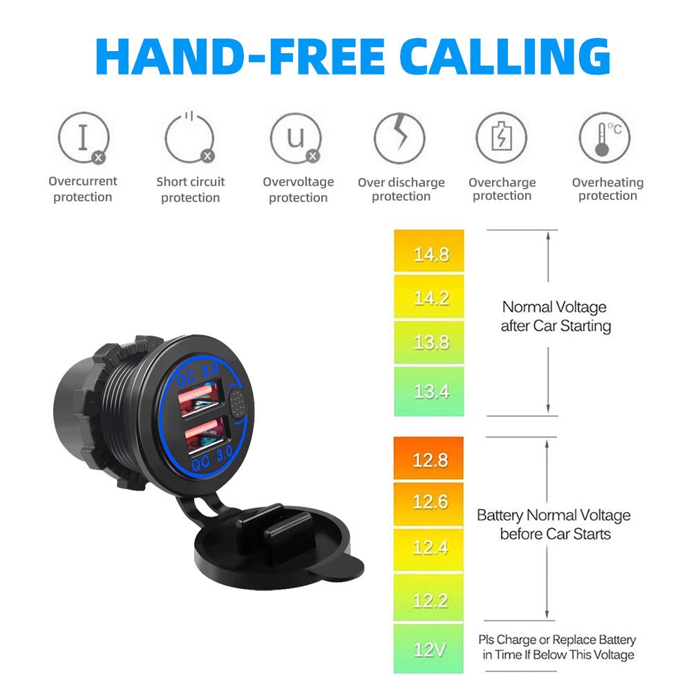 Cargador de coche con doble puerto USB QC3.0, toma de carga rápida con voltímetro e interruptor, 12 V/24 V, cargador de teléfono automático