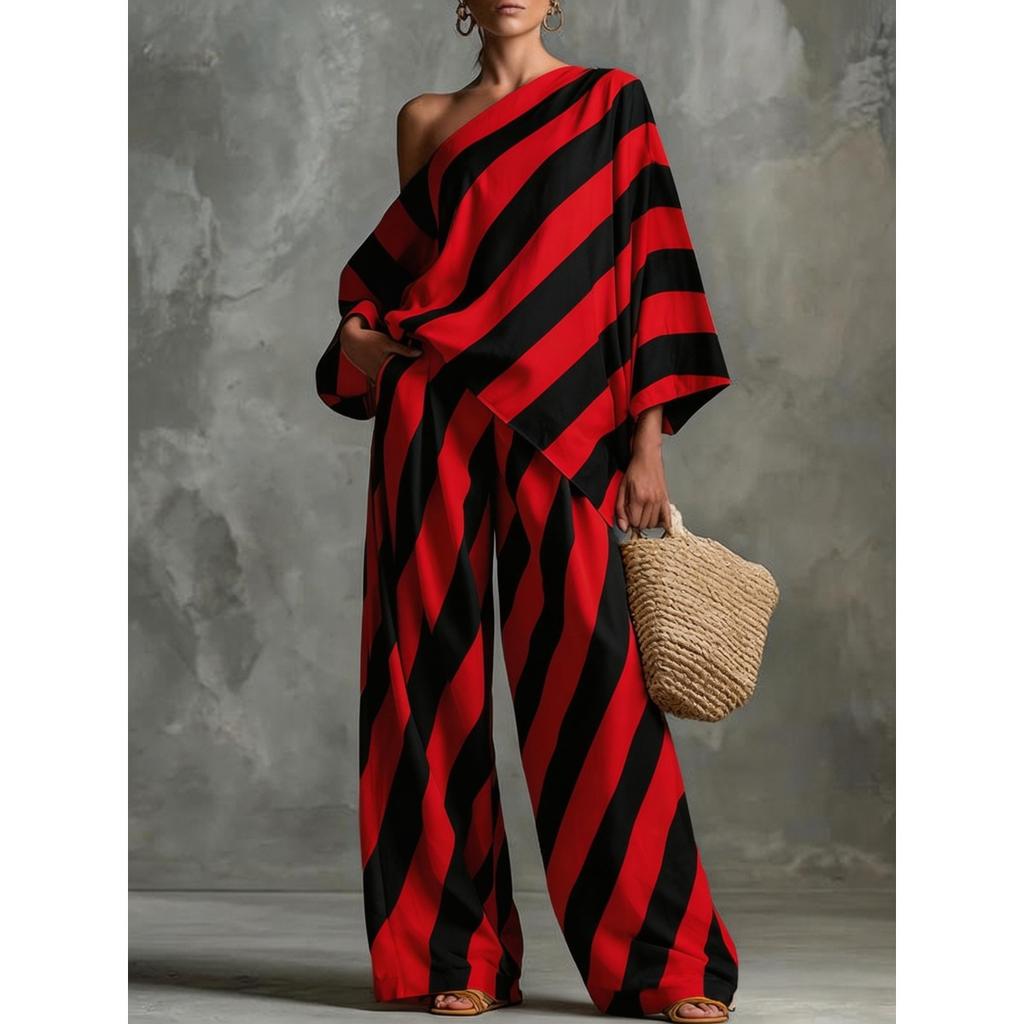 Women's One Shoulder Three Quarter Sleeve Loose Striped Print Top Wide Leg Pants Two Piece Casual Outfit