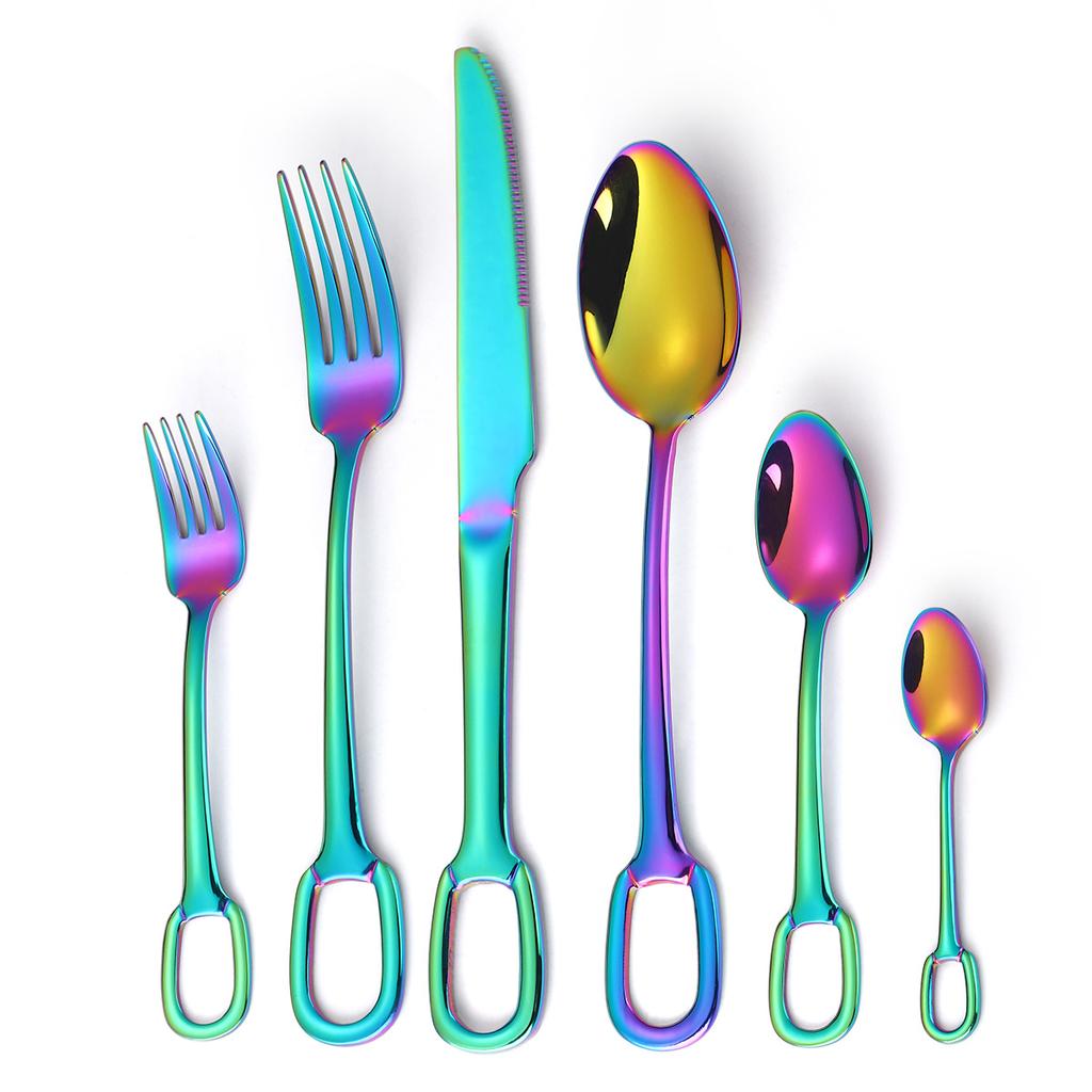 Cutlery 304 Stainless Steel Spoon Circular Ring Hotel Steak Knife Fork Spoon Titanium Plated European Style Hanging Hole Fork Tea Spoon