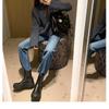 Stylish splicing small round head lazy thick bottom Chelsea one pedal thin short boots woman