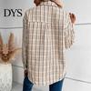 Women Jacket with Pockets Fall Spring Retro Plaid Print Turn-down Collar Single-breasted Striped Cardigan Chest Long Sleeves Loose Commuting