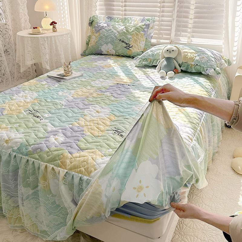 Sábana ajustable acolchada dos en uno, falda de cama, colcha antideslizante de encaje, Funda de colchón
