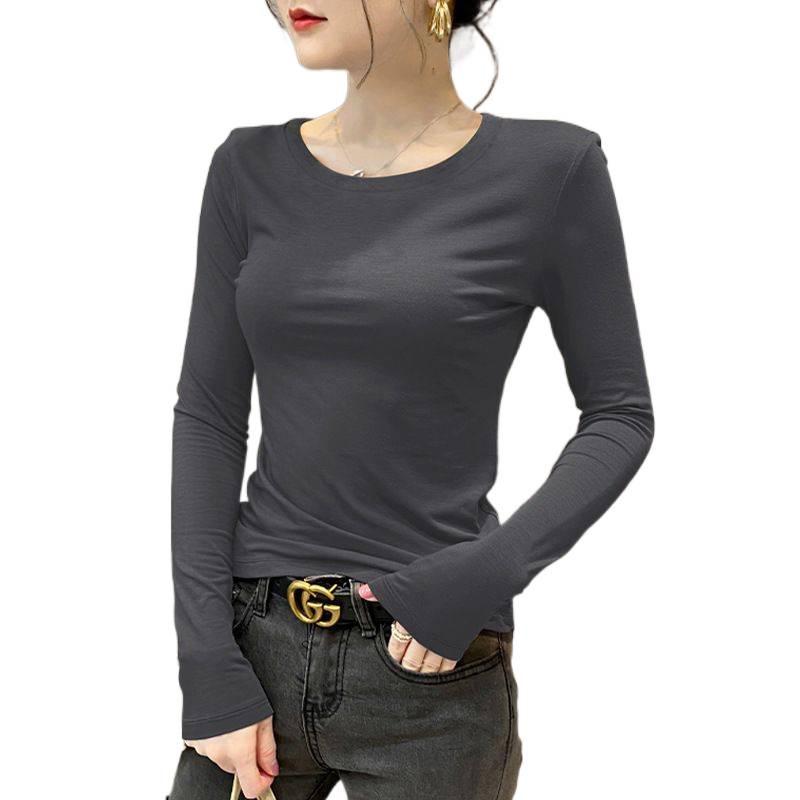 Camiseta Feminina Cinza Escuro Slim Fit Manga Longa Gola Redonda - Primavera/Outono/Inverno 2025