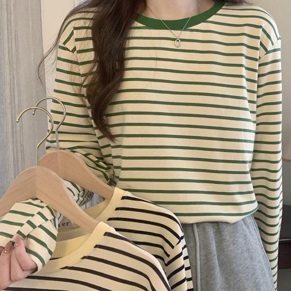 In Stock Loose Slim Versatile Black White Stripe Base Layer Thin Round Neck Long Sleeve Tee Women