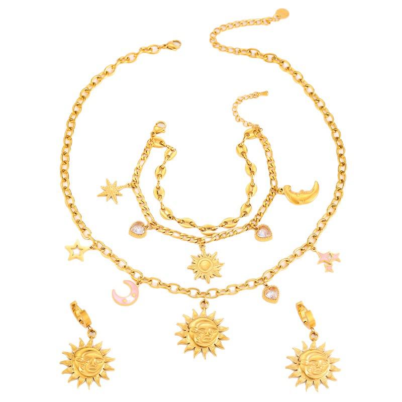High-End Sun Portrait Titanium Stainless Steel Jewelry Set: Necklace, Bracelet, and Earrings in Light Luxury Design for Women.