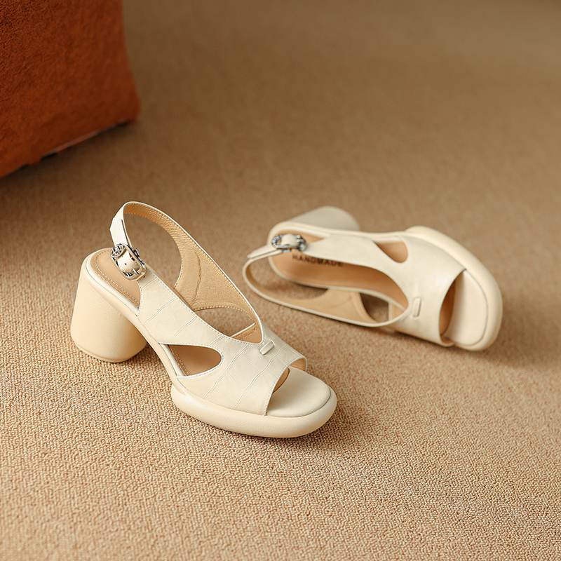 Krazing Pot Cow Skin Peep Toe Size 41 Round High Heels Summer Shoes Buckle Straps Beige Color Vintage Sandals