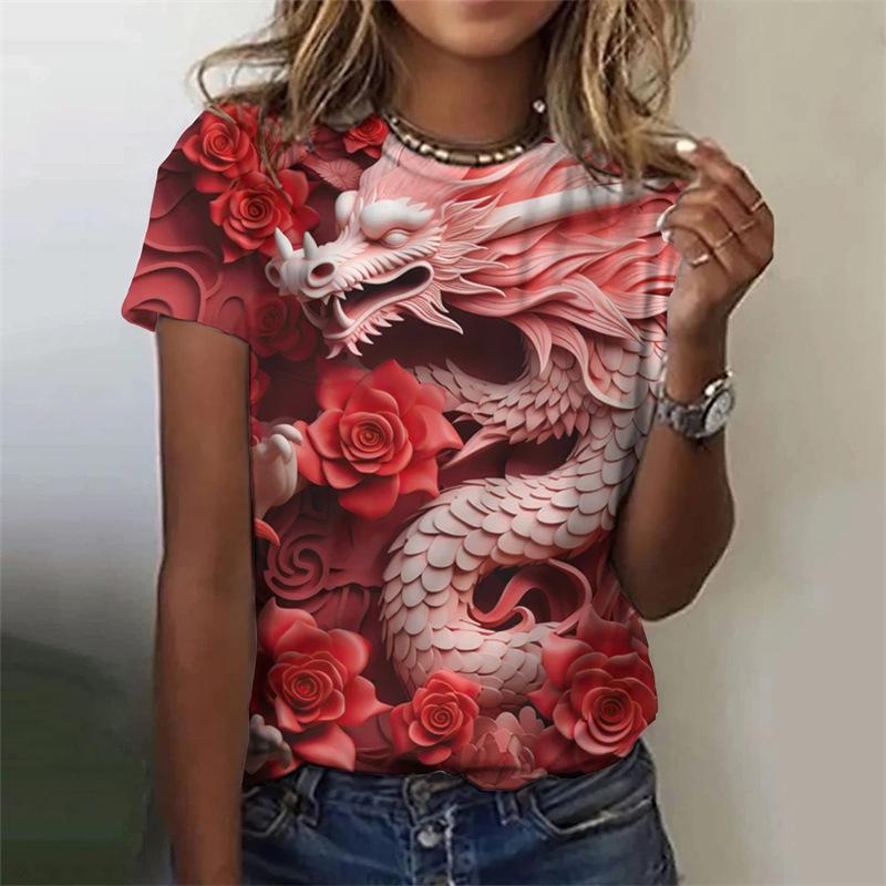 Round Neck 3D Dragon Printed Top Fashionable Casual Short Sleeved Women's T-shirts - Soft Medium Stretch Polyester Fabric Summer Relaxed Fit Clothing