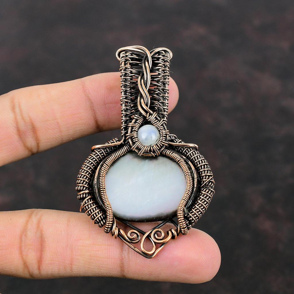 Black Mother Of Pearl Pendant Copper Wire Wrapped Pendant Handmade Gemstone Pendant Copper Jewelry Rainbow Moonstone Pendant Gift For Women