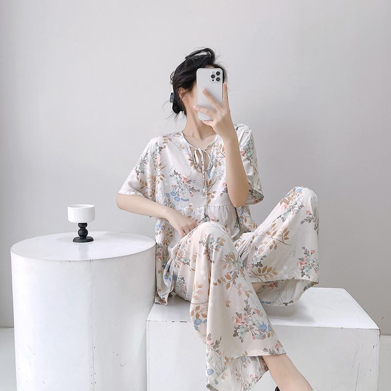 1011 New Spring and Summer Cotton and Silk Pajamas Women's Short-sleeved Trousers Round Neck Thin Fashion Casual Cute Loungewear Cover