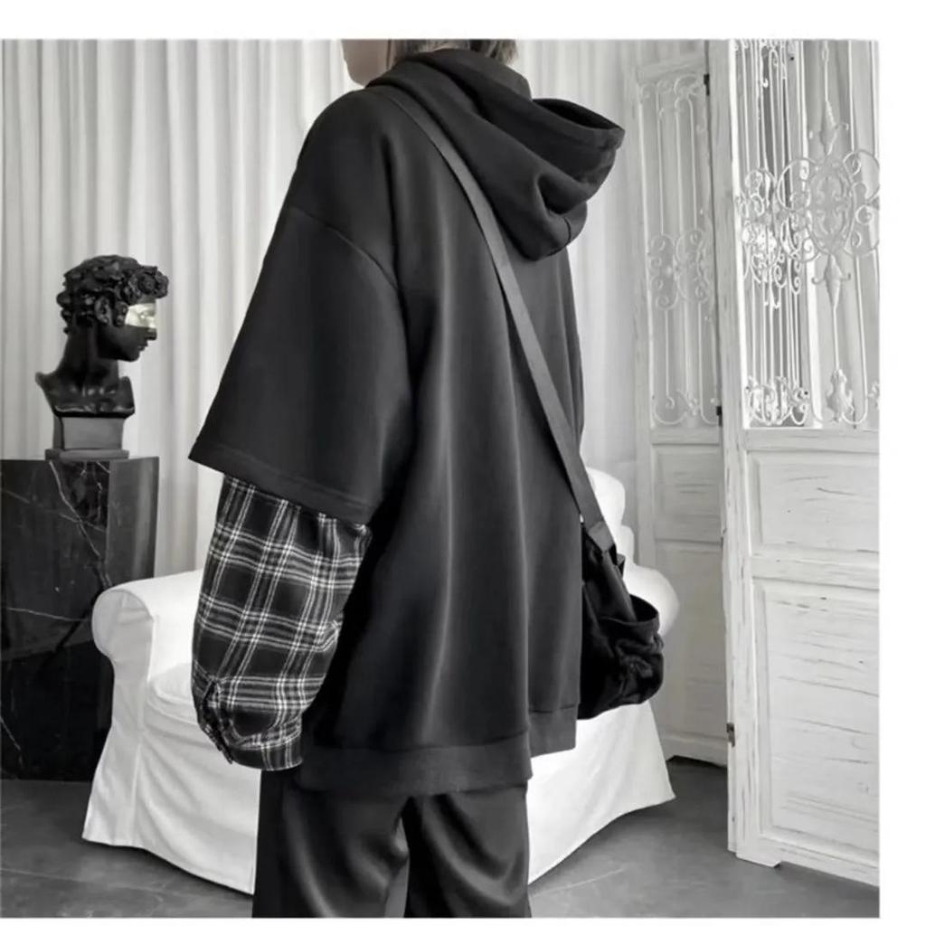 Abbigliamento da uomo Felpe Finte Due Pezzi Patchwork a Quadri con Cappuccio Top Oversize Abbigliamento per Donna Harajuku Felpa Casual