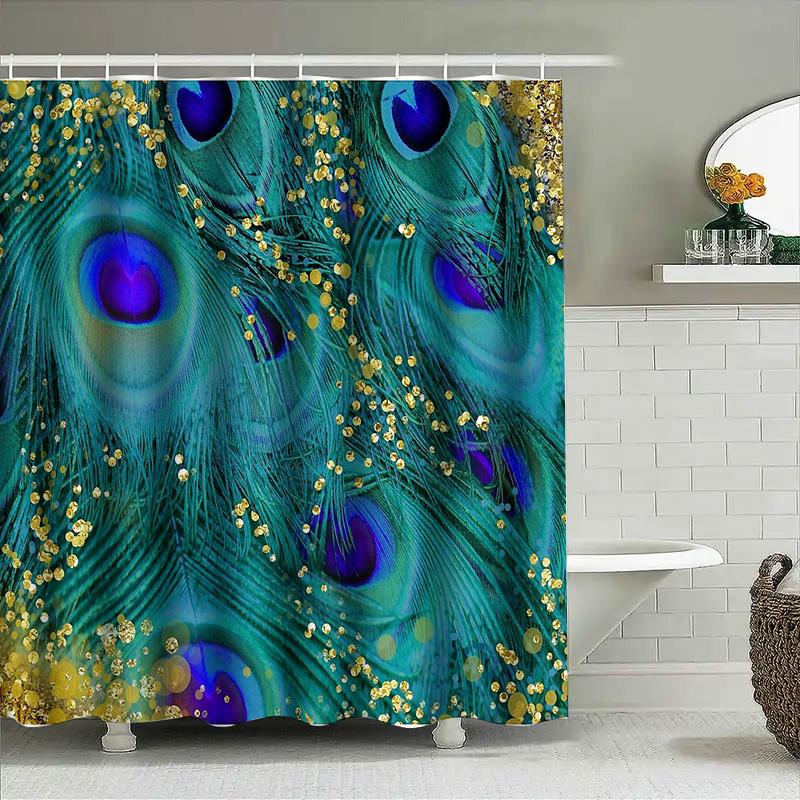 Peacock Feather Shower Curtain Nature Teal Blue Pattern Bathroom Decor Washable Fabric Waterproof Home Textile Artistic Design