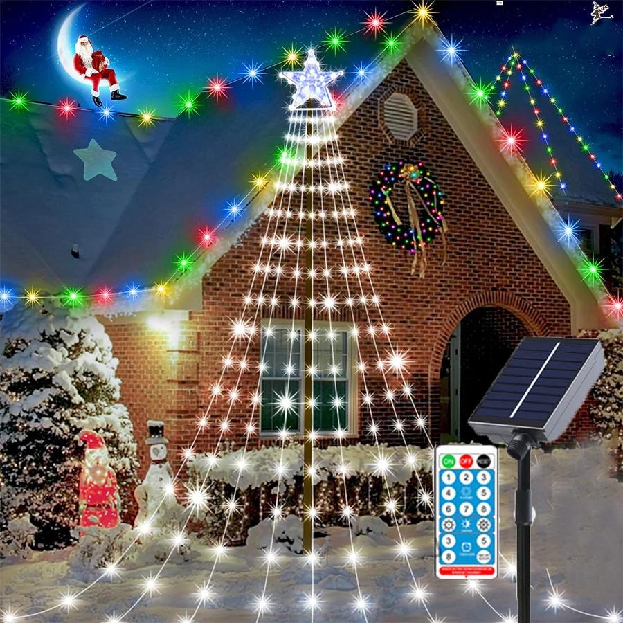 9X3M Outdoor Solar Christmas Tree Waterfall String Lights 288 LED Solar Tree Topper Star String Light Solar Waterfall Tree Light