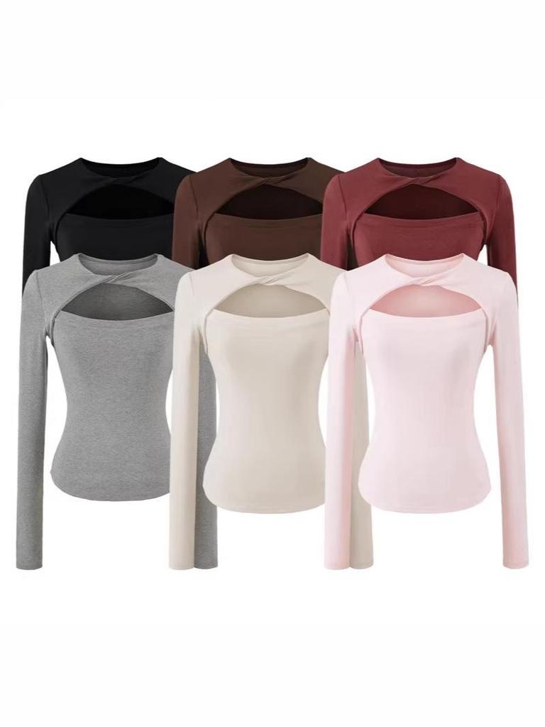 Korean Design Twist Neck Cutout Slim Fit Long Sleeve T-shirt for Women - 2026 Spring Collection