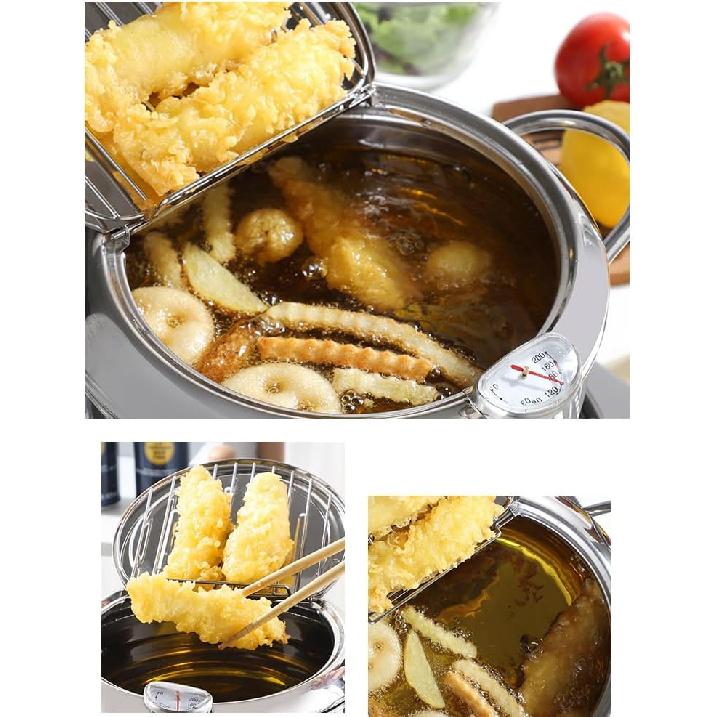 Deep Fryer Pot, Japanese Style Tempura Deep Fryer Frying Pot With Thermometer, Lid, Oil Drip Drainer Rack for French Fries Fish Shrimp Chicken 7.9