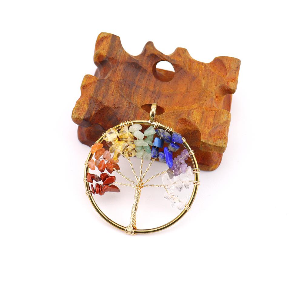 Rainbow Life Tree Pendant Necklace with Natural Crystal Crushed Stone Wire-Wrapped Design, N739.