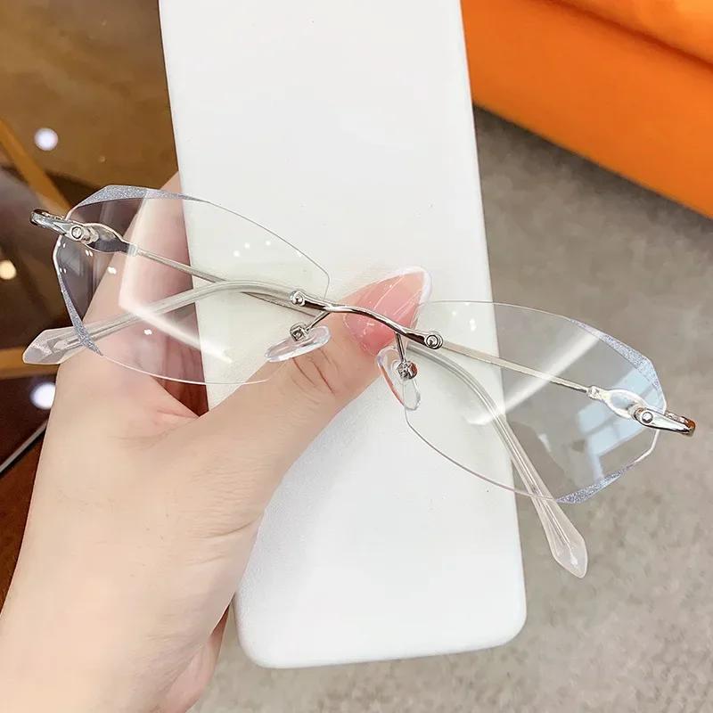 

Rimless Myopia Glasses Women Ultralight Vintage Prescription Eyeglasses Female Shiny Diamond Leg Blue Light Glasses -5.0
