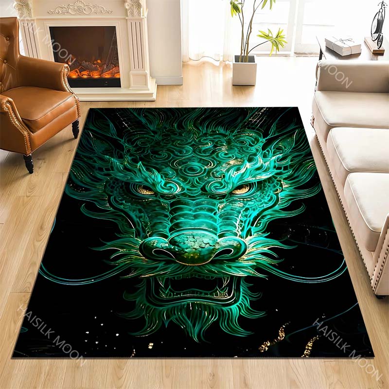 1PC Green Dragon Head Print Carpet for Living Room Bedroom Sofa Home Decor Rus Non-slip Floor Mat Luxury Gift Multiple Sizes
