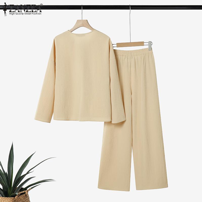 ZANZEA Damen Langarm Schnürbluse und Hose Lässige zweiteilige Anzugsets