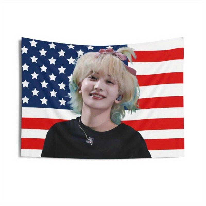 1pc 7Member Kpop Group American Flag Tapestry Cute Idol with Blonde Hair Pink Bow Wall Art for Bedroom Living Room Fan