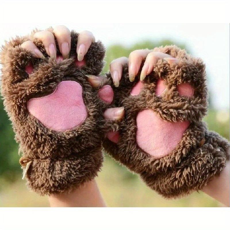 Women Cute Cat Claw Paw Plush Mittens Warm Soft Plush Short Fingerless Fluffy Bear Cat Gloves Costume Half Finger Party Gift