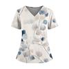 Ladies' Fashionable Floral Print V-neck Double Pocket Short Sleeved Shirt With Slit Hem And Protective Worker's Top
