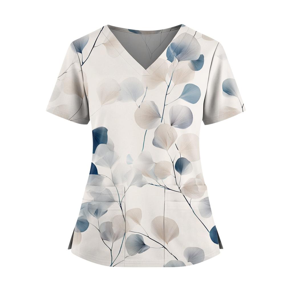 Ladies' Fashionable Floral Print V-neck Double Pocket Short Sleeved Shirt With Slit Hem And Protective Worker's Top