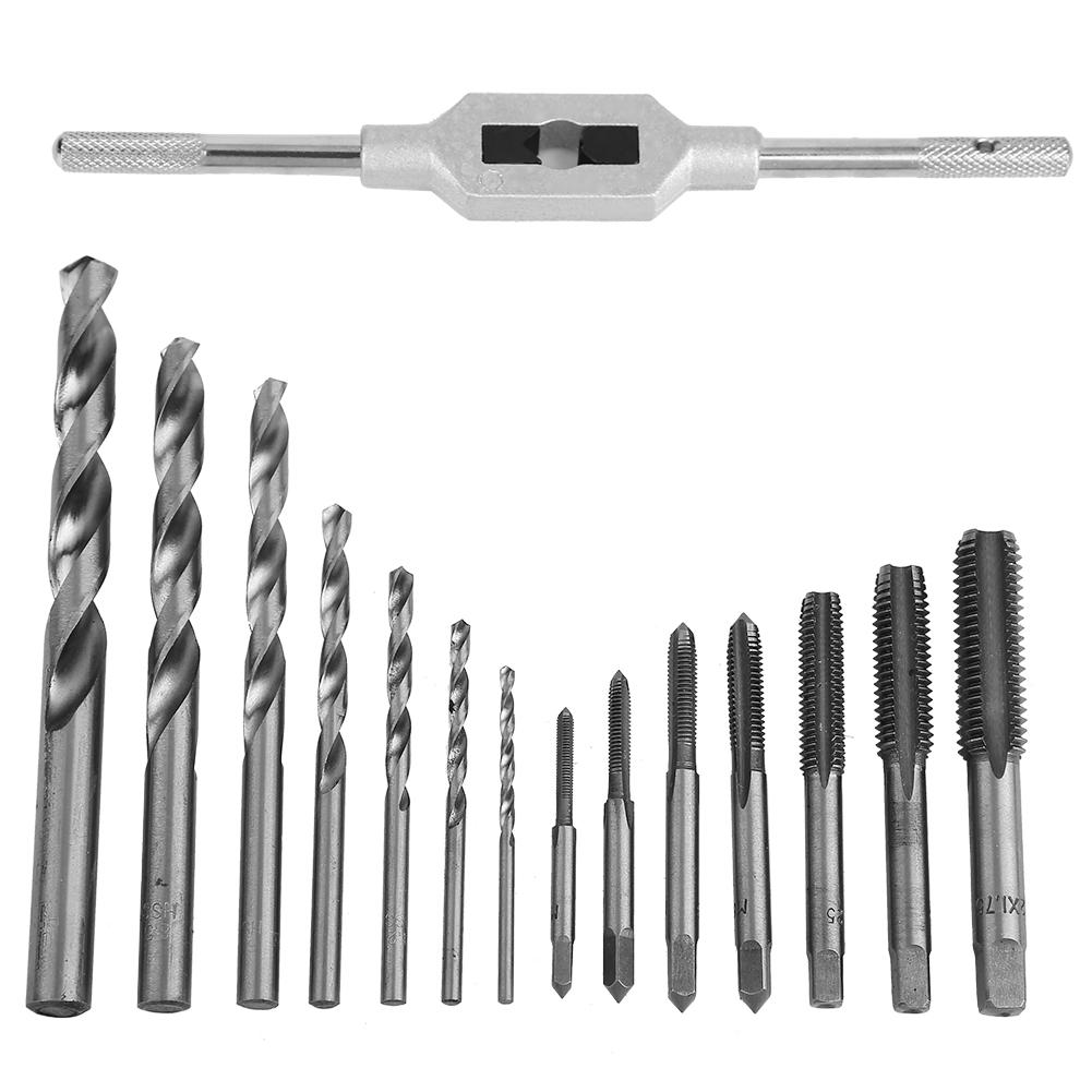 15Pcs Alloy Steel Tap Wrench Screw Taps Twist Drill Bit Set Metal Processing Tools