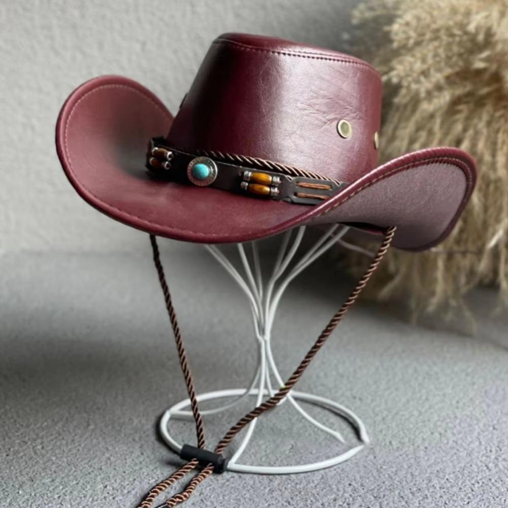 Solid Color Western Cowboy Hats Faux Leather Jazz Cap Casual Cowgirl Cap  Unisex