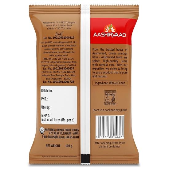 Aashirvaad Jeera, Aromatic Whole Spice, Thick, Tall & Whole Seeds, Dark Brown, 100% Pure, Dust Free & Hygienically Packed, 100g Pack