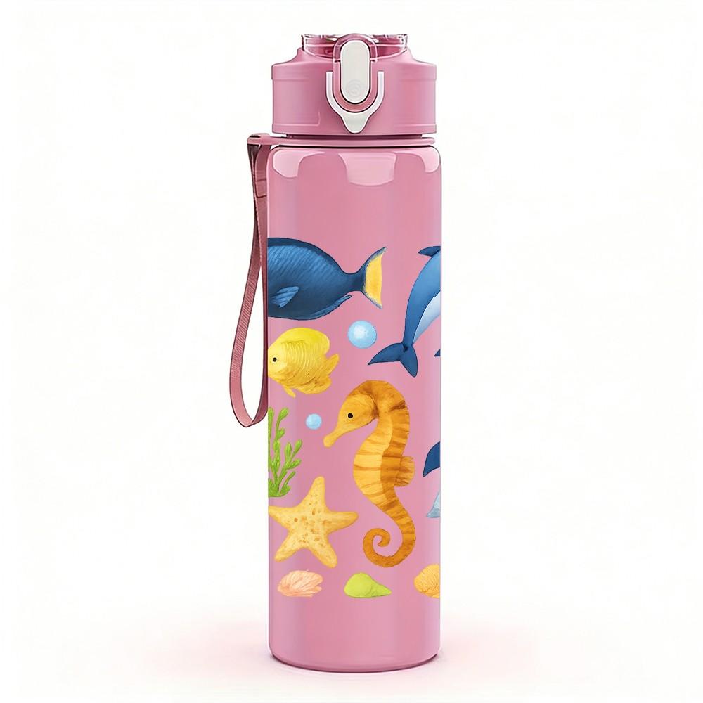 1 Stück Ozean Meeres Tier Muster 750ml Farbe Kunststoff Sport Wasserflasche Auslaufsicher Klappdeckel mit Strohhalm Geeignet für Sport Büro Zuhause
