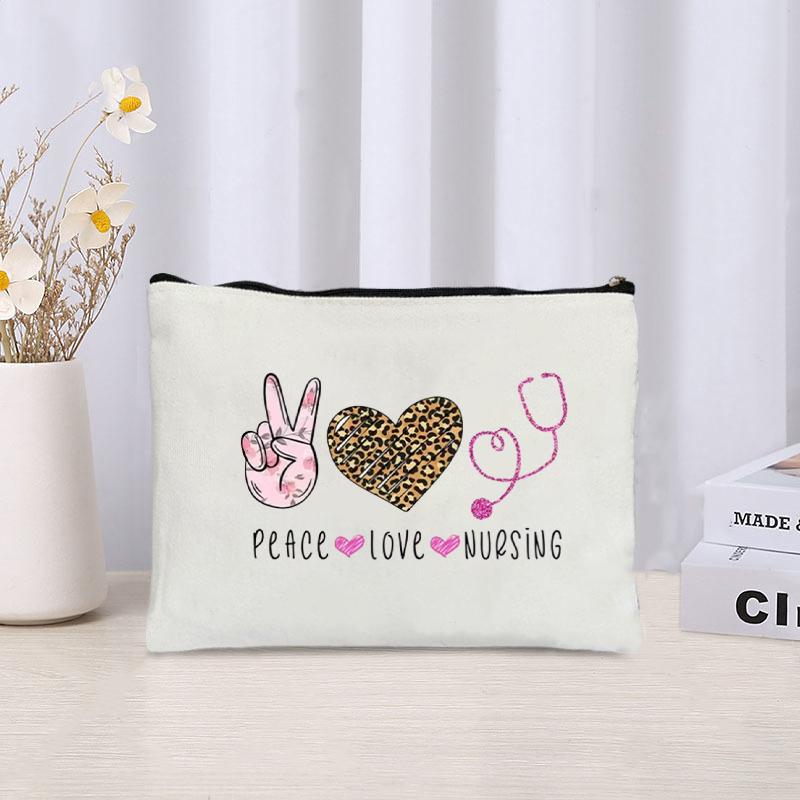 Nurse Life Love Leopard Printed Canvas Cosmetic Bag Travel Sundries Zipper Storage Pouch Office Supplies Pencil Case Nurse Gift