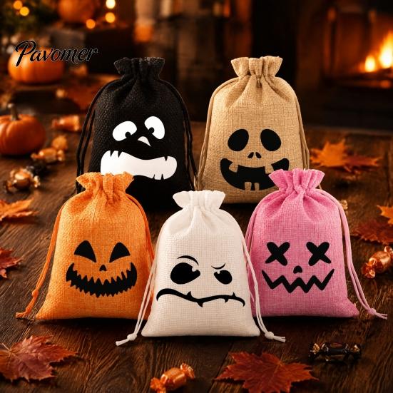 Decorative Gift Packaging 5Pcs Halloween Candy Bags with Drawstring, Funny Ghost Pumpkin Print Pouches Themed Event Goodie for Party Favors And Trick