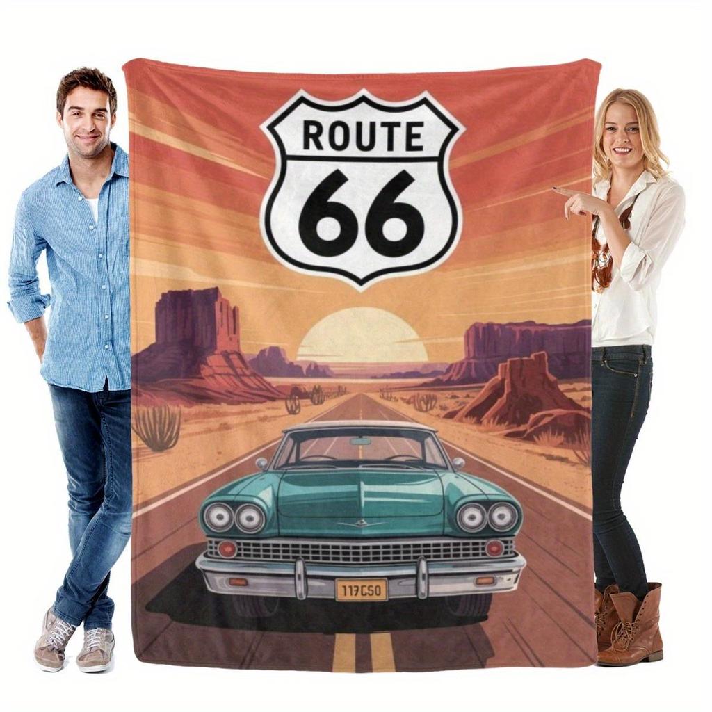 Retro Pattern of Route 66 Flannel Printed Blanket Suitable for All Seasons Suitable for Living Room Office Sofa and Travel