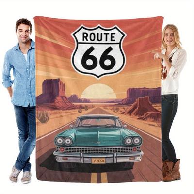 Couverture en flanelle imprimée motif rétro Route 66 adaptée à toutes les saisons, pour le salon, le bureau, le canapé et les voyages