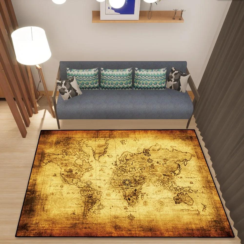 World Map Rug European and American Retro Dirty Resistant Easy Cleaning Flannel Carpet Living Room Bedroom Mat Home Decor New