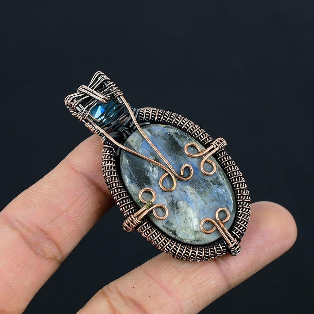 kyanite & Blue Topaz Gemstone Handmade Pure Copper Wire Wrapped Pendant Jewelry