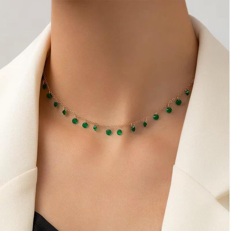 Bohemia Retro Green Crystal Beaded Pendant Necklace for Women Charm Collarbone Chain Jewelry Holiday Summer Beach Accessory Gift