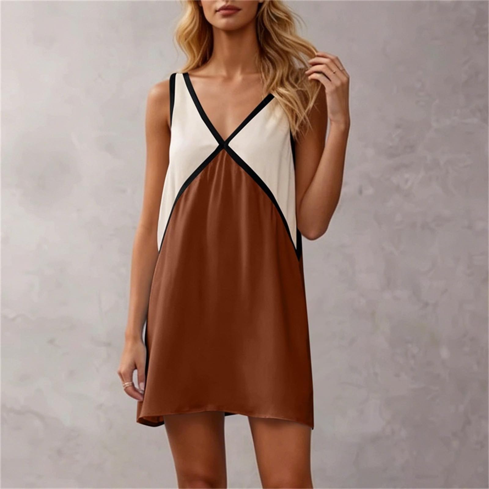 

Sleeveless V Neck Loose Fit Casual Dress with Color Block Design Suitable for Women Summer Daily Wear Lightweight Fabric M коричневий