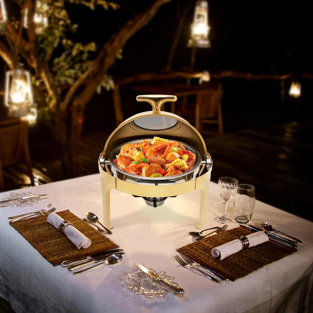 Bymaocar Round Tabletop Chafing Dish Roll Top Stainless Steel 90°/180° Opening Buffet Warmers with Visible Lid & Thickened Feet
