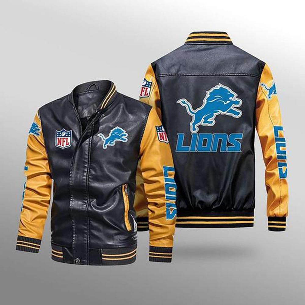 New Vintage PU Leather Jacket Printed Jacket Detroit Lions Rugby Fans Gift Loose Jacket
