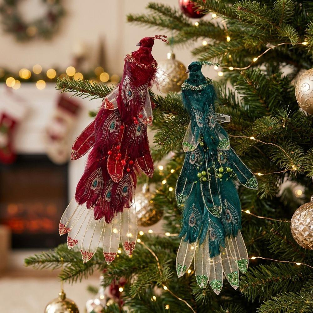 Clip-On Christmas Peacock Ornaments Glitter Feather Artificial Peacock Decor Christmas Season