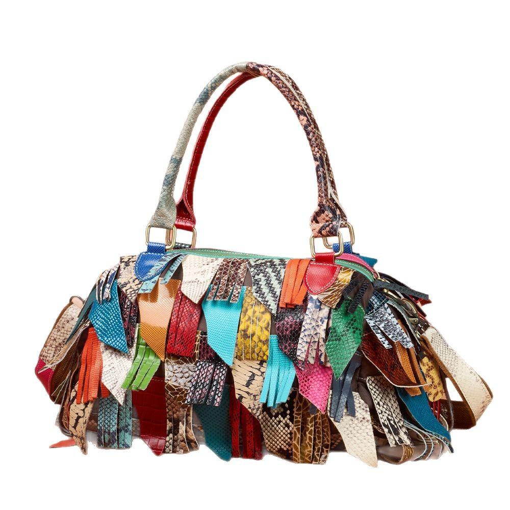 Genuine Leather Bag Contrasting Color Tassel Single-shoulder Crossbody Handbag for Women