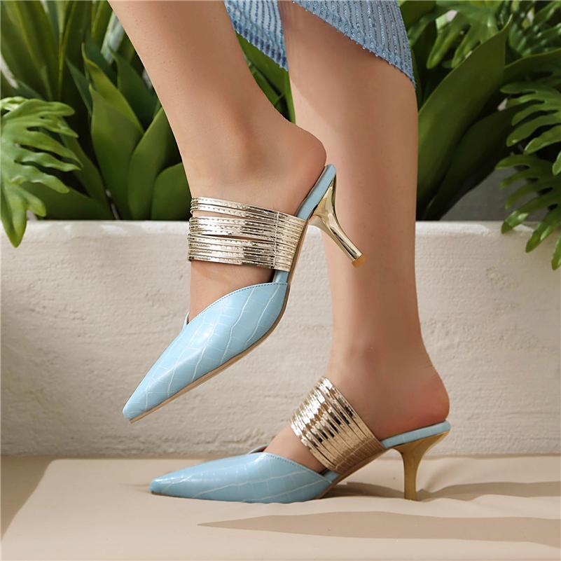 Women Mules Pumps Pointed Toe Thin High Heels Narrow Band Concise Ladies Fashion Shoes Spring Autumn Yellow 46