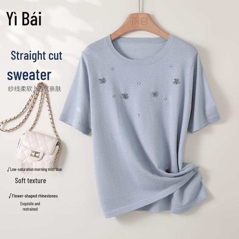 Korean Style Slim-Fit Rhinestone Short Sleeve Knit Top L