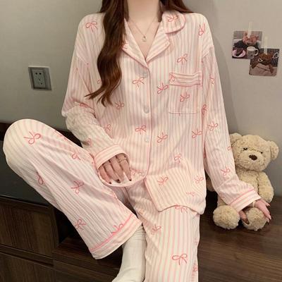 Pigiama a Strisce Froissé Stile Coreano per Ragazza Dolce – Set Manica Lunga Casual da Casa