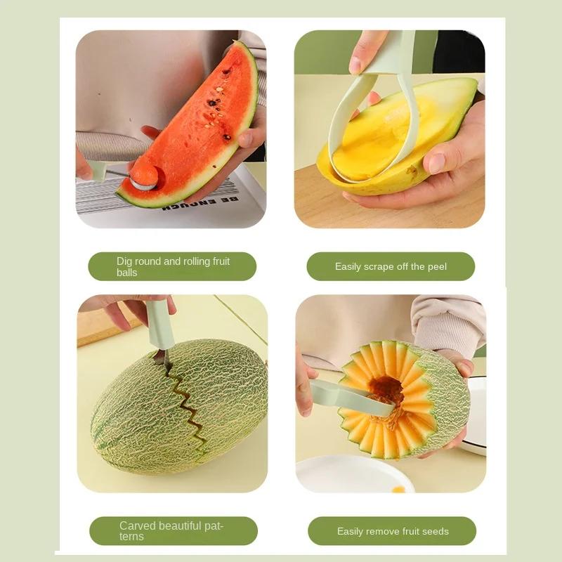 Kitchen Accessories Three-in-one Stainless Steel Carving Knife Fruit Watermelon Ice Cream Baller Scoop Stacks Spoon Home Gadgets