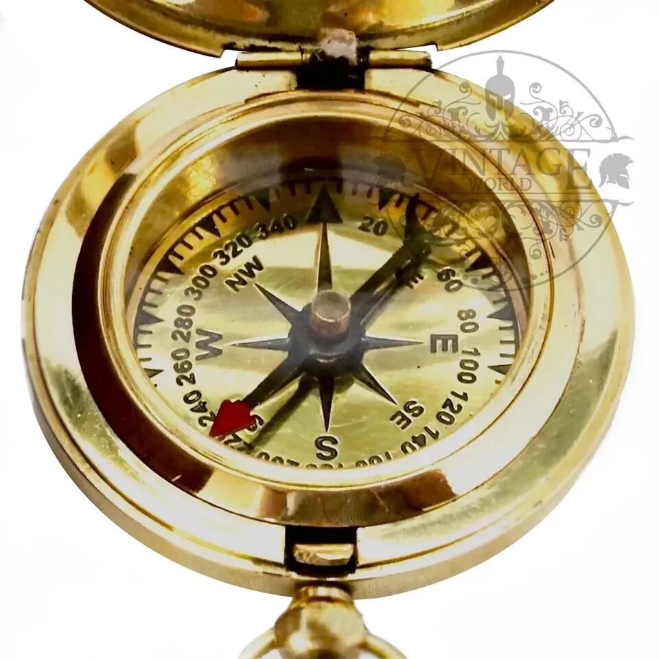 Polished Brass 45mm Pocket Sundial Compass in Wooden Box